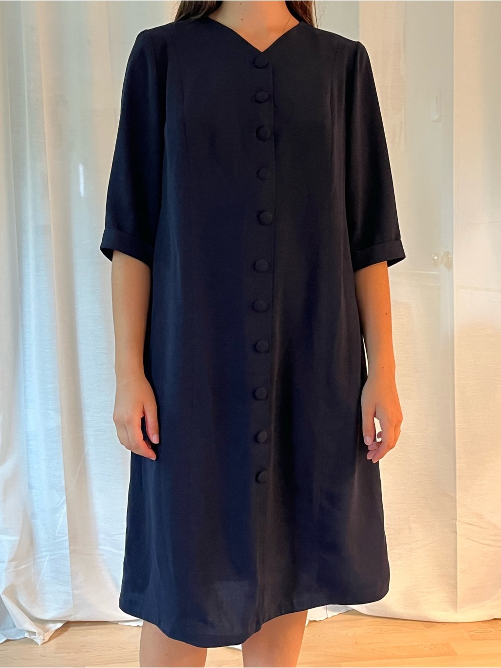 Classic Navy Button-Front Shift Dress